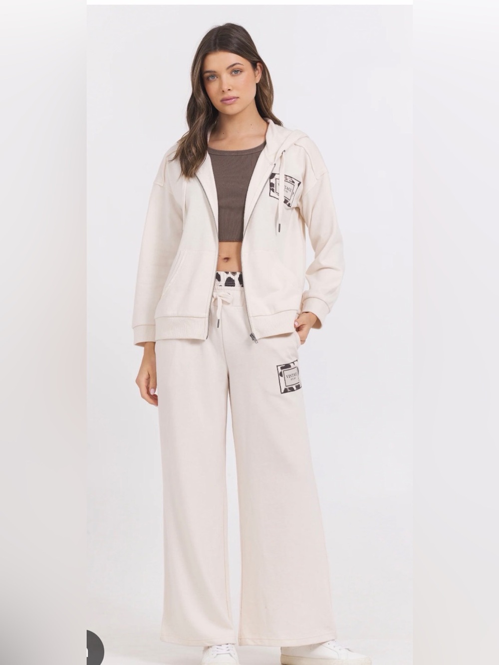 Vintage Havana Suede Terry Zip-up Hoodie & Wide- Leg Pants Set- Size Small